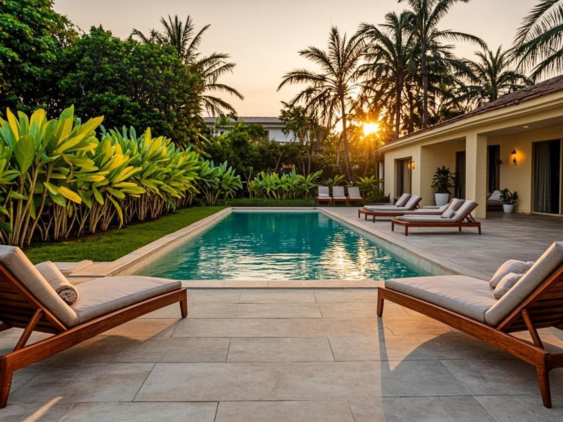 Piscine privée de la villa au coucher du soleil