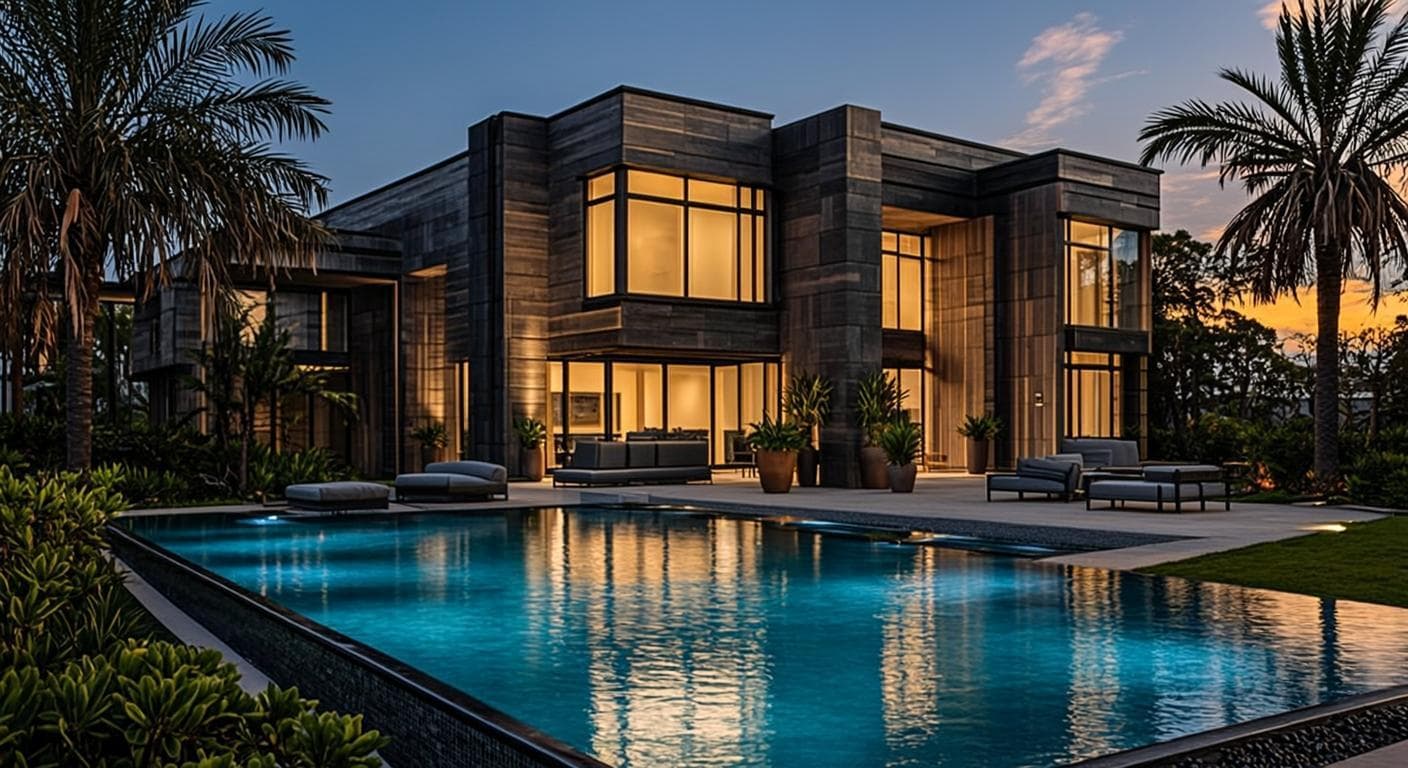 Villa contemporaine Teranga Park Villas avec piscine éclairée à la tombée du jour